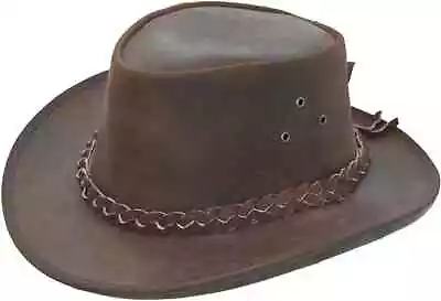 Leather Cowboy Western Adjustable Chin Strap Aussie Style Bush Hat - Brown • £16.51