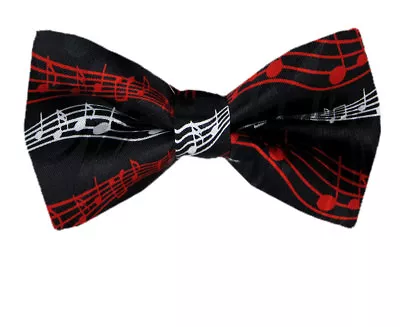 Men's Musical Notes Pre Tied Novelty Bow Tie Black Red Music Fun Party Occasion • $14.95