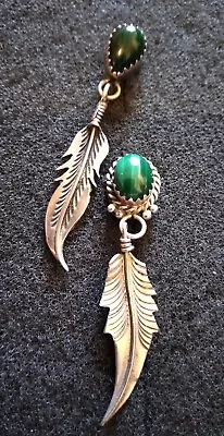 Vintage Sterling Silver Malachite Southwestern Style Pierced Earrings. • $18