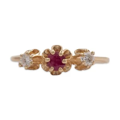 Vintage 14k Yellow Gold Ruby Diamond Buttercup Setting Ring 6.5 • $264.50