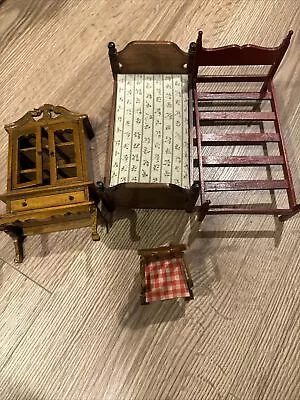 Dollhouse Wooden Miniature Furniture Bedroom Bed  Chest Chair Lot • $21