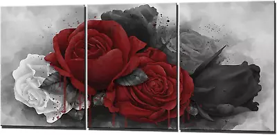 Nachic Wall Modern Black And White Red Rose Wall Art Canvas 3 Piece Abstract Flo • $49.83