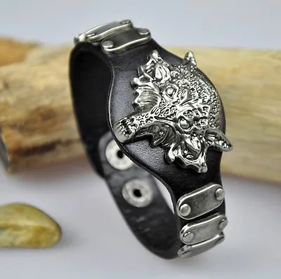 £5.38 • Buy S390 Cool Rock Wolf Studded Genuine Leather Bracelet Wristband Cuff BLACK