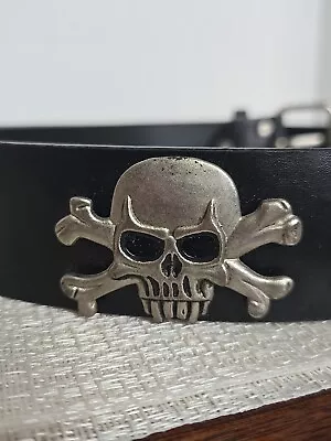 Skull Cross Bones Faux Leather Belt Unisex Black  Size LG Silver Accent • $19.50