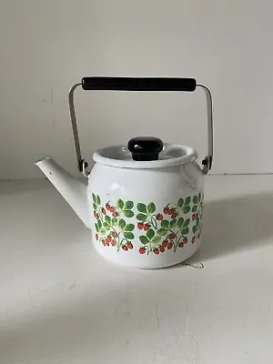 $8.99 • Buy Small White Enamel Tea Pot Kettle Strawberry Pattern 7”