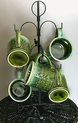 Vtg Mug Tree W 6 Mugs / Cups Japan Green W Blue Aqua Drip Metal Stand MCM Style • £48.15