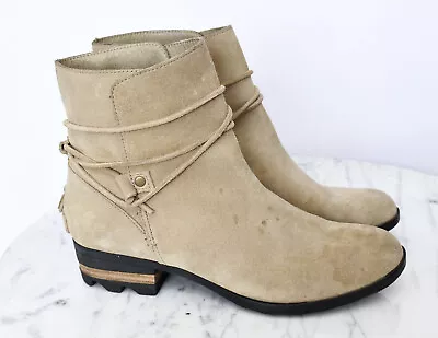 SOREL Farah Short Taupe Suede Tassel Riding Ankle Boots Women's Sz 9 • $84.95