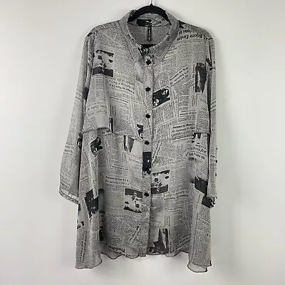 IC Connie K Newspaper Print Button Up Shirt Size 1X Gray Tunic Sheer Blouse • $59.95