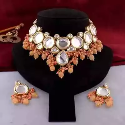 Indian Kundan Beads Gold Tone Choker Necklace Meenakari Bollywood Jewelry Set • $49.99