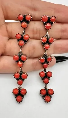 Vtg Navajo Sterling Silver Mediterranean Red Coral Cluster Dangle Earrings 3.25  • $363.40