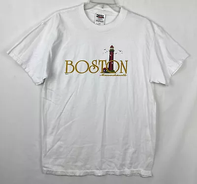 Boston Massachusetts T-Shirt Light House Tee White TULTEX  L Preshrunk Cotton • $13.94