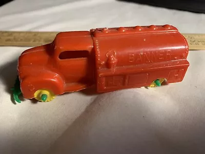 Vintage 1950's Toys Car Hard Plastic Banner Gasoline Oil Tanker Red Yellow Tires • $18.49