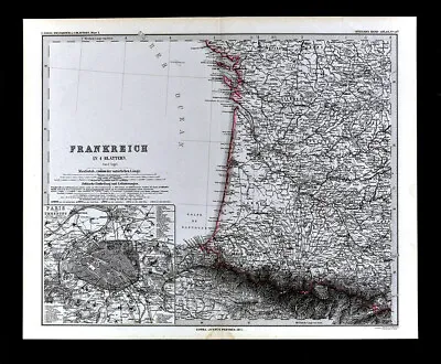 1874 Stieler Map France Paris Plan Bordeaux Pyrennes Rocheforte Toulouse Spain • $15.99