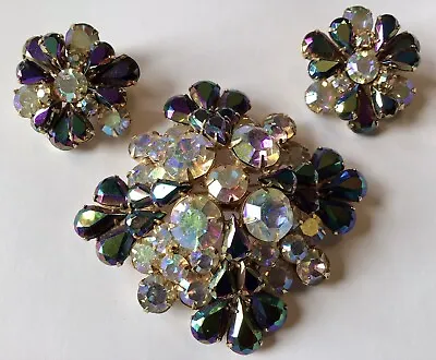 Vintage Juliana D & E Purple Iridescent & Borealis Rhinestone Brooch & Earrings • $125