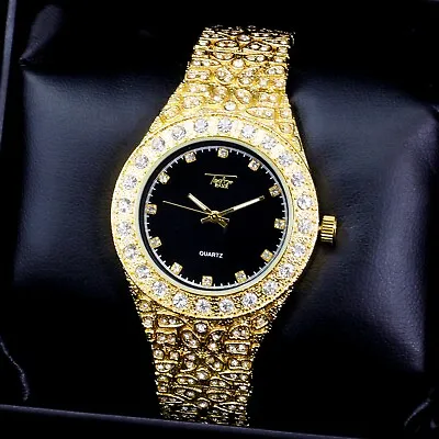 Men Ice Watch Bling Rapper Simulate Diamond Nugget Gold Hip Luxury Cubic Black • $22.99