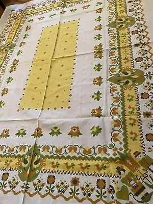 Vintage Swedish Folk Art Hand Printed Tablecloth 63”X 51” • $36.25