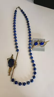 Vintage Artisan Lapis Sterling Silver Brass Necklace And Earrings Set Native AJV • $98