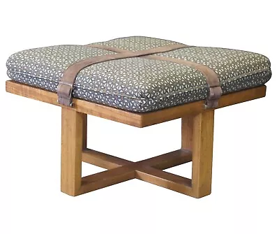Late 20th C. Modern Oak Buckled Suede Strap Ottoman Square Foot Stool Bench MCM • $1400