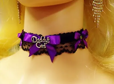 Any Size Choker Collar Black Velvet Lace LOCK Ddlg BDSM Daddy's Girl Purple Cat • $31.95