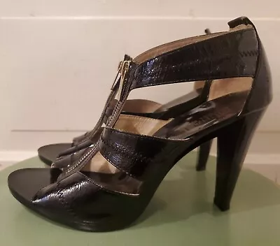 MICHAEL KORS-Black Patent Leather Berkley T-Strap Sandal Heels Size 7.5 • $30