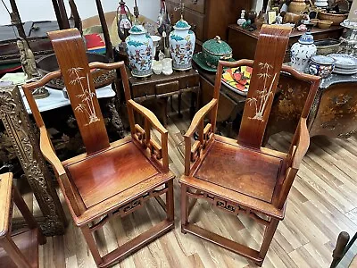 Pair Asian Chinese Teakwood Carved Mother Of Pearl Inlaid Arm CHAIRS • $1275