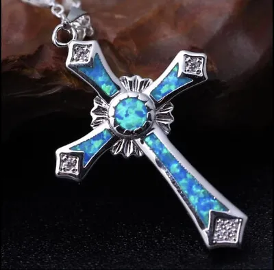 Geometric Blue Opal Color Cross Crucifix Pendant Necklace. Us Seller • $6.95