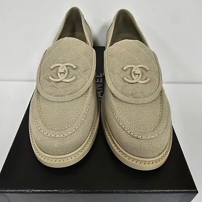 Chanel 23S Cotton Beige Quilted Turnlock CC Gold Logo Loafers 36.5-41 EUR Sizes • £1495.96