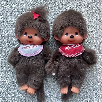 2 Monchhichi Baby Girl & Boy Bib Bow Sekiguchi 8  Monkey Doll Pink Red Plush LOT • $54.69