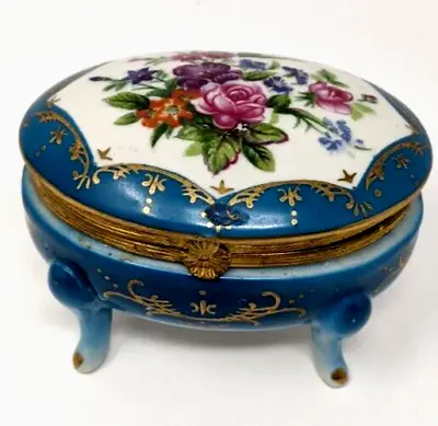 Vintage Norleans Japan Porcelain Hinged Footed Trinket Box Floral Peacock Teal • £15.40