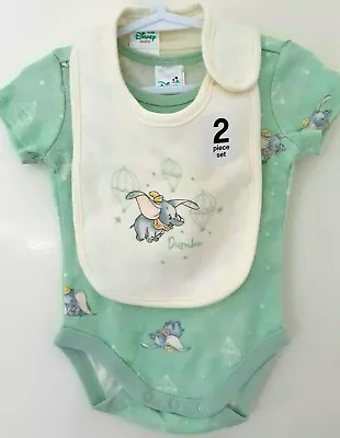 Brand New Disney Baby Dumbo Cotton Romper & Bib Set Duo Size 000 (0-3m) Green • $24.95