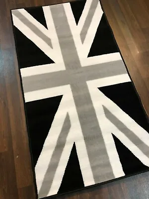 Rugs Aprox 4x2 60cmx110cm Union Jack Mat-Rugs Woven Backed Black-Grey-Creams • £12.99