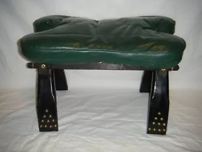 Vintage Camel Saddle Foot Stool Ottoman Green Leather Wood Bench • $149.99