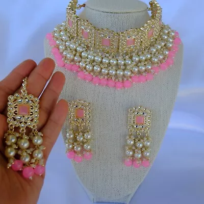 $65 • Buy Indian Bollywood Heavy Look Kundan Necklace Set With Earrings And Tikka In Pink