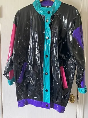 Vtg Razzle Dazzle Womens Vinyl Color Raincoat Sz M / L Shoulder Pad Taiwan • $84.87