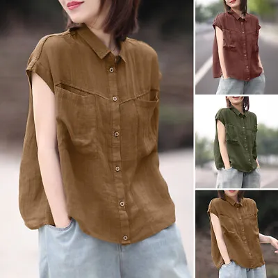 ZANZEA Women Summer Short Sleeve Buttons Solid Top Casual Loose Tee Shirt Blouse • $29.69