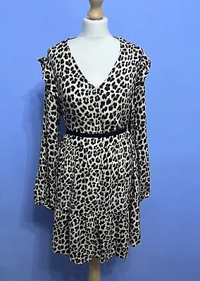 £5 • Buy Ladies Frill V Neck Leopard Print Long Sleeve Dress Size UK 14