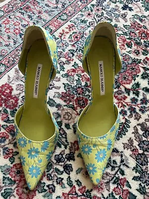Vintage Manolo Blank Green Floral Brodcade D'Orsay Heels Sz EU39/US8.5 • $80