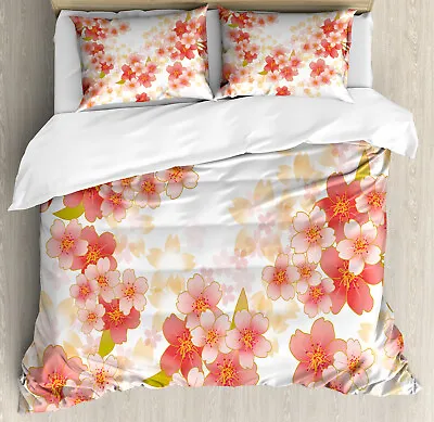 Japanese Duvet Cover Set With Pillow Shams Vibrant Sakura Flowers Print • $69.99