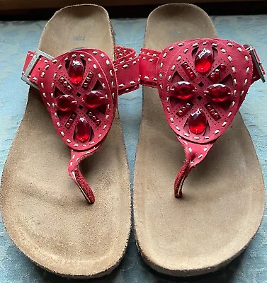 $18.50 • Buy Women's Euro Wellness Balance Red Leather & Gems Thong Sandals Size 7/38 NICE!