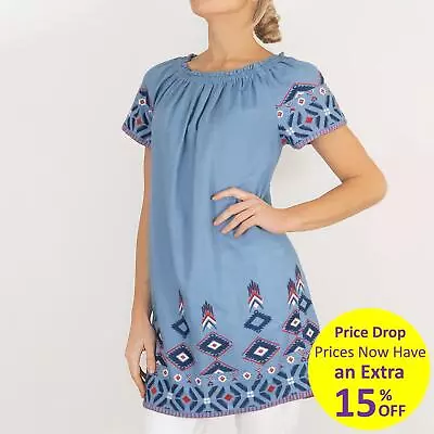 Womens Top Blue Embroidered Bardot Ladies Boho Off The Shoulder Tunic Ladies • £15.26