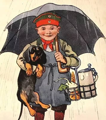 P.O. Engelhard Boy And Dachshund Under Umbrella Dackel Teckel Old Dog PC 1907 • £18