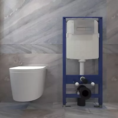 Round Rimless Wall Hung Toilet With Concealed Cistern Frame - Soft Close Seat • £119.47