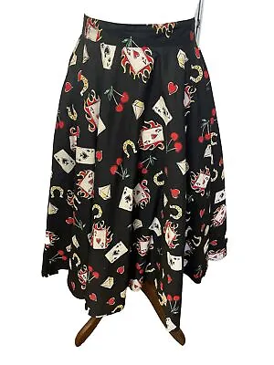 Hell Bunny Black Rockabilly Skirt Size UK 8 XS Circle Skirt Card Cherry Print • £14.99