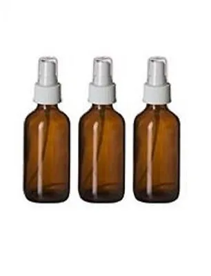  3 Amber 4oz Boston Round Glass Bottle White Spray Fine Ribbed Mist Sprayer 60ml • $8.39