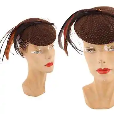 1940s 50s Brown Feather Oval Tilt Hat Vintage Mini Cocktail Fascinator Veil 30s • $89.60