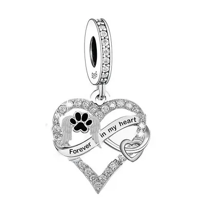 💖 Dog Cat Memorial Charm Forever In My Heart Paw Genuine 925 Sterling Silver  • £16.95