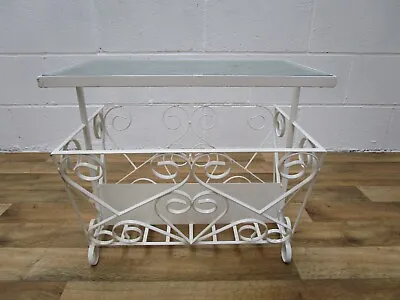 Lovely Vintage  Iron Metal Scrolled French White Style Glass Magazine Rack Table • £20