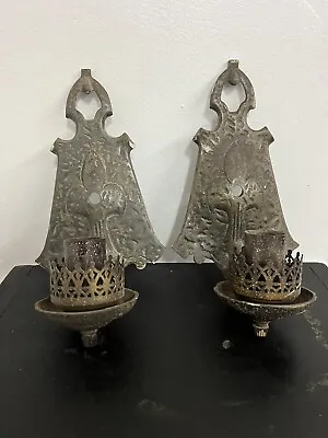 Pair Antique Gothic Mission Sconces Hammered Aesthetic • £91.56