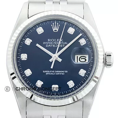 Mens Rolex Datejust 18K White Gold & Stainless Steel Blue Diamond Dial Watch • $4095