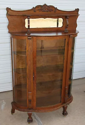 Antique Quartersawn Oak Curved Glass China Cabinet Bevel Canopy Mirror Claw Feet • $2595